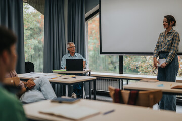 Students attentively participate in a classroom setting with an elderly professor at the helm, fostering a collaborative learning environment. The scene is lively and interactive.