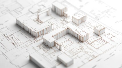 Architectural model layout on blueprint, showcasing design elements.