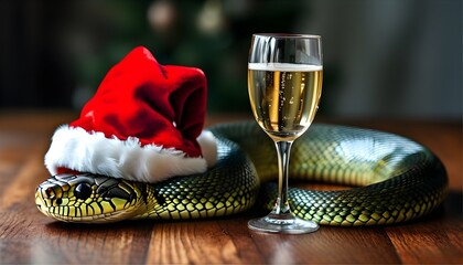 champagne and christmas decorations, playful snake in santa hat on a joyful festive background with glass