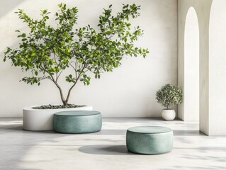 A serene indoor space featuring greenery and minimalist furniture for relaxation.