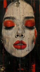 Close-up Portrait of a Woman with Red Lips and Eyes Closed