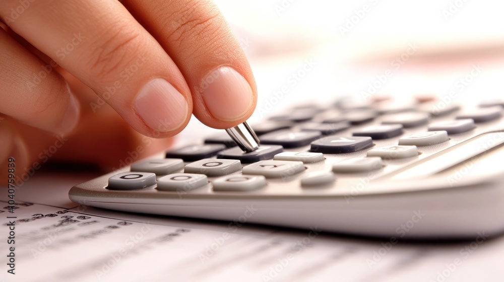 Poster close-up of a hand pressing a button on a calculator