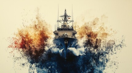 Navy ship breaking through water with a powerful wave in artistic paint splatter effect.