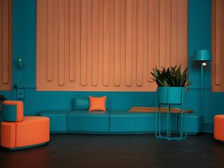 Interior minimalista con elementos verde azulado y naranja
