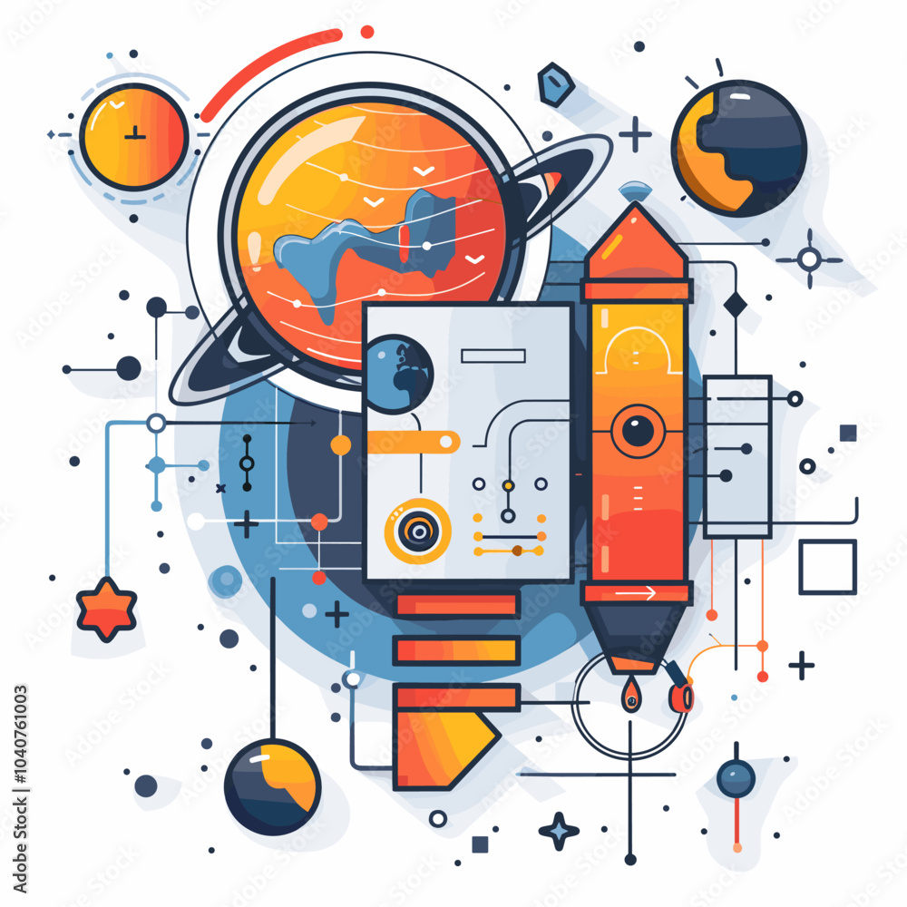 Poster vector illustration in flat linear style with elements of science and technology.