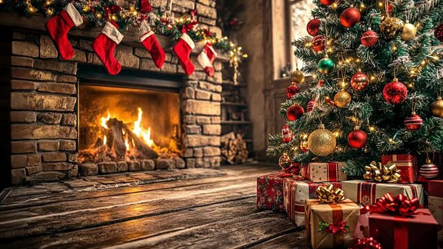 Christmas decorated tree closeup with fireplace. Holiday background.
