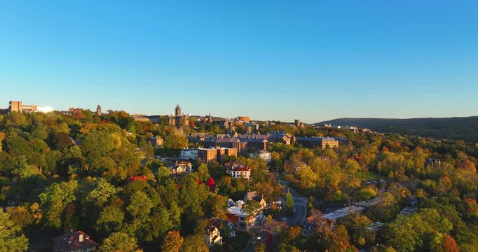 Late afternoon aerial autumn video of the area surrounding the City of Ithaca, NY, USA  10-17-2024