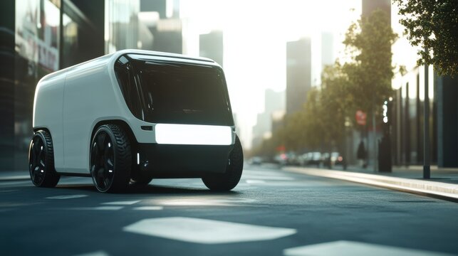 A futuristic AI-driven autonomous vehicle for precision delivery services, clean urban or suburban setting with vehicles designed for efficient and accurate parcel delivery, Delivery Services style