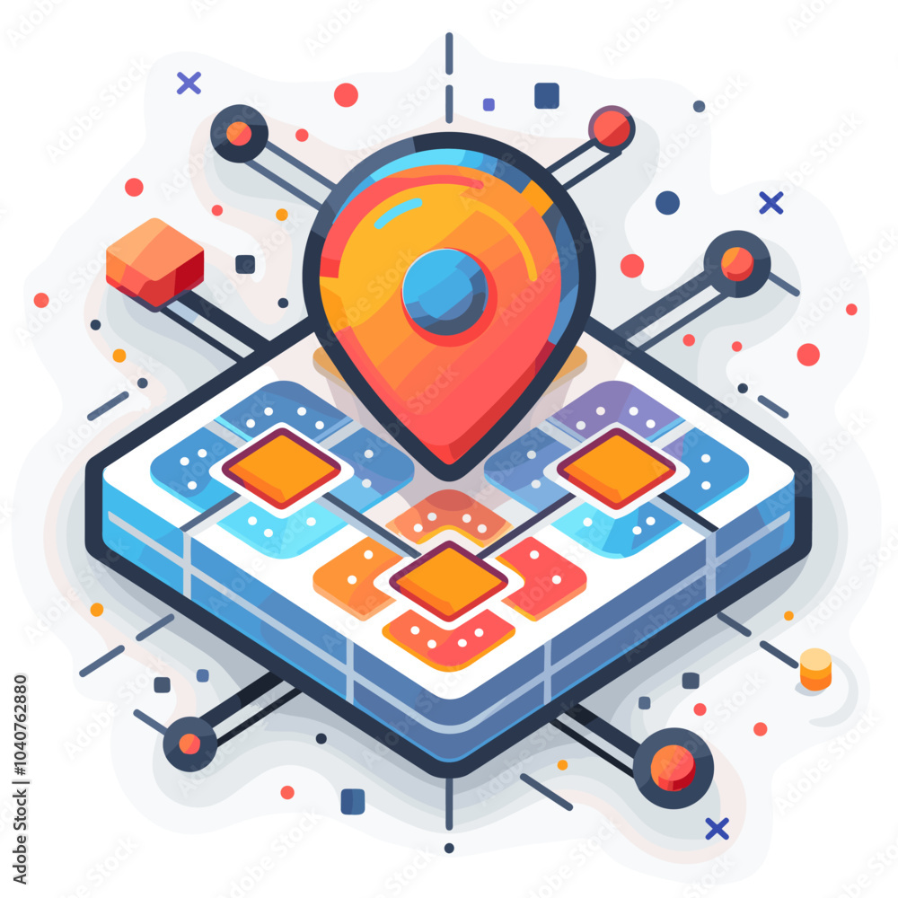 Poster isometric vector illustration of a map with a pin on the map.