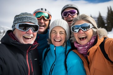 Group portrait of senior friends enjoying a day skiing in the mountains