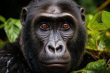 Obraz premium A close-up of a gorillas face, with water droplets on its fur, staring directly at the camera. The gorilla is in the jungle, surrounded by green vegetation.