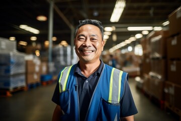 Fototapeta premium Portrait of a joyful middle aged Asian male warehouse worker