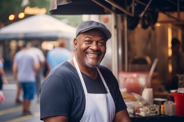 Fototapeta premium Smiling portrait of a middle aged male food truck owner