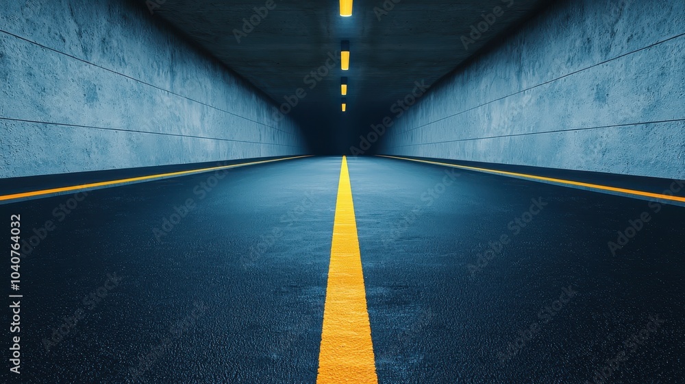 Poster a dimly lit tunnel view with a yellow centerline, featuring concrete walls and a smooth asphalt surf