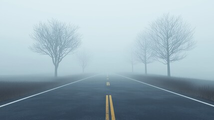 Fototapeta premium A foggy road stretches into the distance, flanked by leafless trees, creating a mysterious and serene atmosphere.
