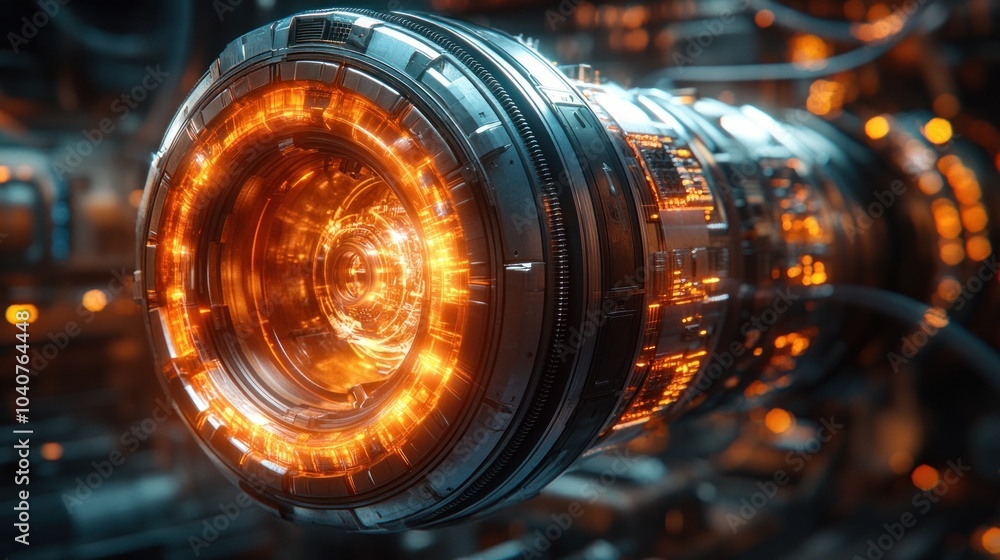 Poster futuristic energy core with glowing elements in a mechanical setting.