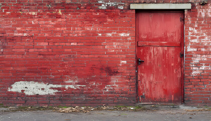 Naklejka premium Red Brick Wall with Weathered Red Door, Urban Decay Texture and Rustic Exterior