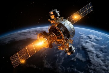 A state-of-the-art communication satellite with large solar panels orbiting the Earth in the vastness of space, demonstrating cutting-edge space technology on a sunny day.