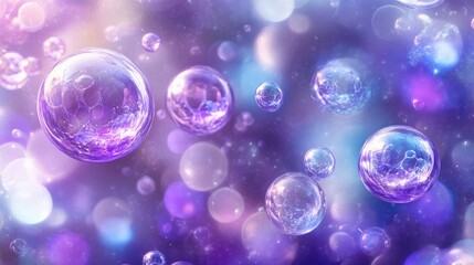 A dreamy background featuring bubbles and soft glowing lights in purple and blue tones.