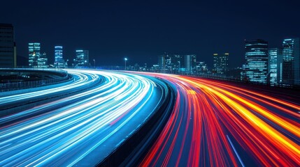 Fototapeta premium A vibrant night scene featuring light trails from vehicles on a busy highway, with a city skyline illuminated in the background.