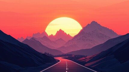 Fototapeta premium A tranquil mountain landscape at sunset, featuring a long road leading toward a vibrant sun illuminating the peaks.