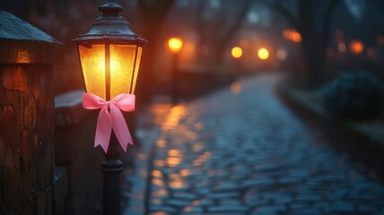A lantern adorned with a pink ribbon illuminates a misty path.