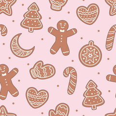 Seamless pattern with gingerbreads. Winter homemade sweets. Vector background. Christmas design.