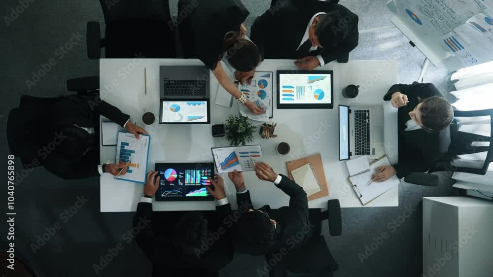 Aufkleber top down aerial view of smart business woman handing out financial document to diverse team while di