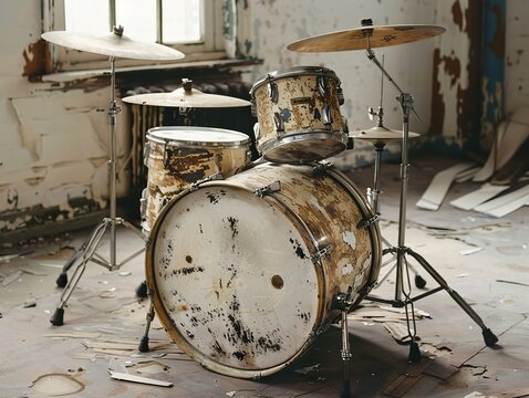 Vintage Drum Set in an Abandoned Room
