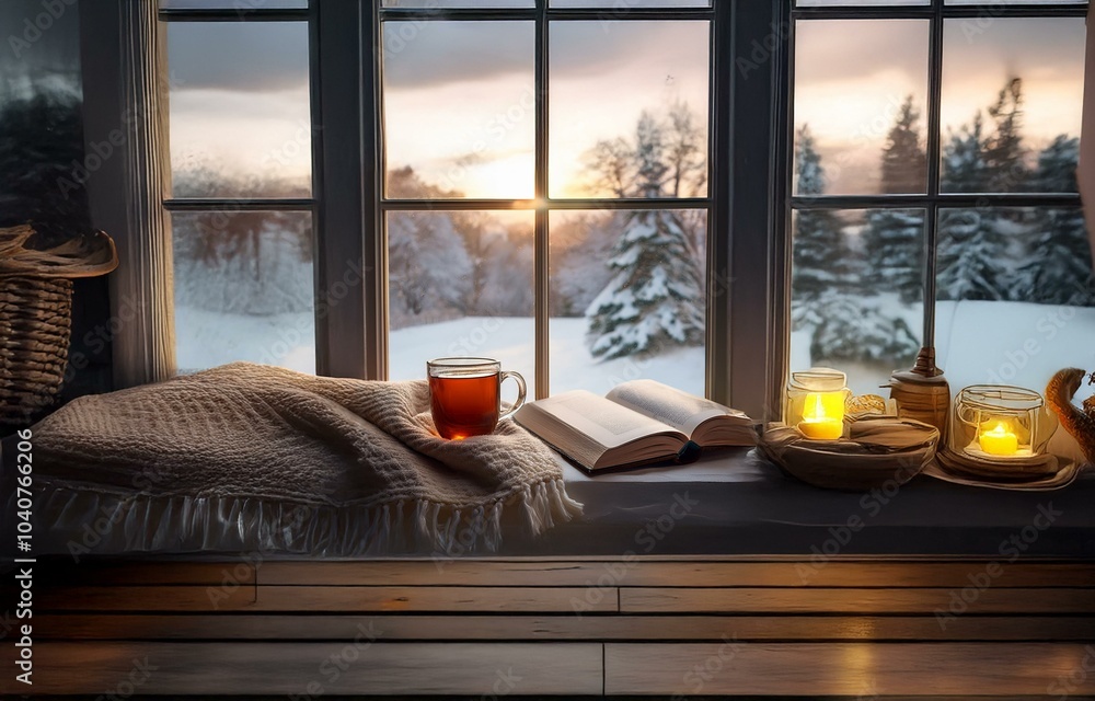 Poster a warm drink and open book rest on a windowsill, casting a soft glow on a blanket.