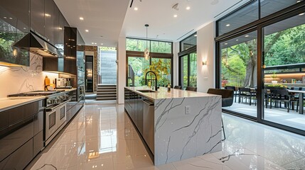 Obraz premium Modern Kitchen with Large Windows and a Marble Island Countertop