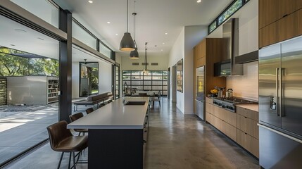 Fototapeta premium Modern Kitchen with Island, Stainless Steel Appliances, and Large Windows