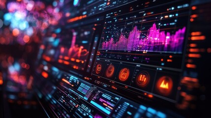 Obraz premium Abstract data visualization with vibrant graphs and metrics.