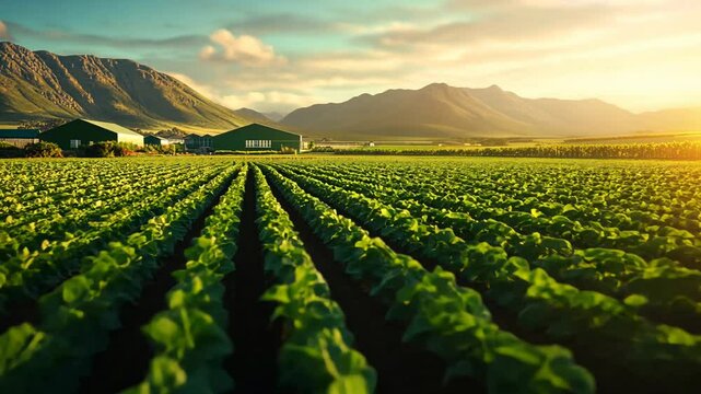 Lush Green Farm Field at Sunset.