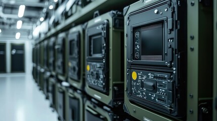 Row of military communication equipment in a server room.