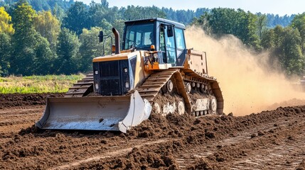 Fototapeta premium Bulldozer Excavating Dirt on Construction Site with Dust and Tracks