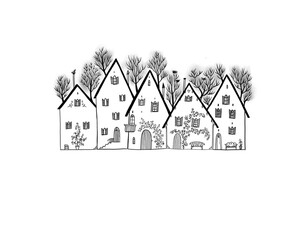 Fantasy French village, beautiful rural style, traditional houses, sketch on white background	
