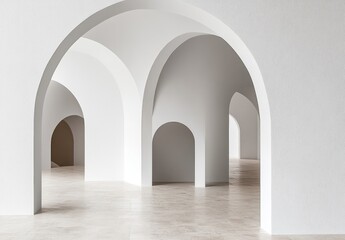 A minimalist interior featuring arched doorways and a light-toned floor.