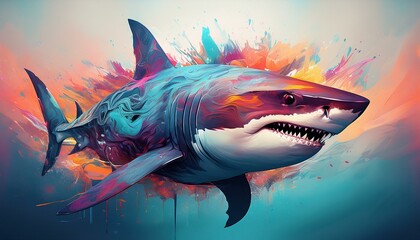 Abstract shark portrait with colorful double exposure paint