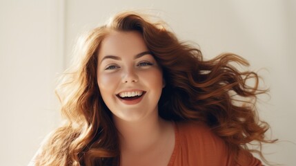 Naklejka premium Portrait of a beautiful plump woman smiling and looking at you on a white background. 