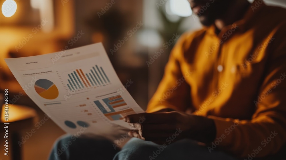 Poster man analyzing data on charts