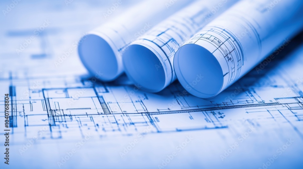 Poster architectural blueprints rolled on a design layout background.