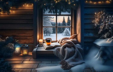 Fototapeta premium Cozy cabin with a window view of a snowy forest, a cup of tea, a book, and a warm blanket.