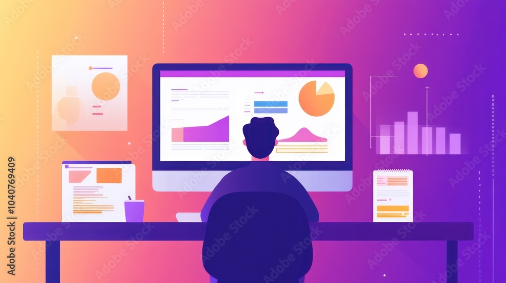 Poster business analyst analyzing data on computer