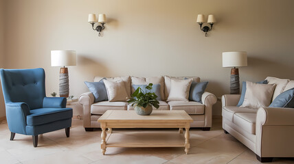 Cozy living room with a light sofa, blue accent chair, elegant lamps, and a decorative coffee table with a plant.