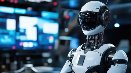 A futuristic humanoid robot news anchor, delivering news updates with professionalism and clarity, News anchor robot style