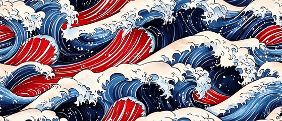 Japanese Ukiyo-e wave seamless pattern, stylized ocean waves in traditional woodblock print style