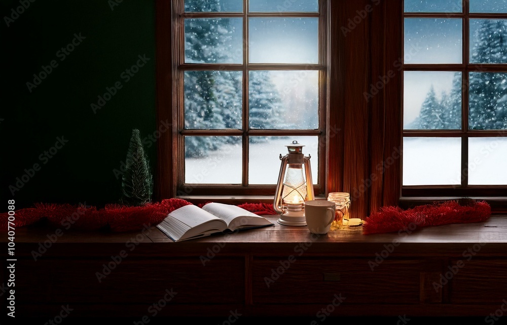 Poster a window with a view of a snowy landscape is illuminated by a lantern and a candle.
