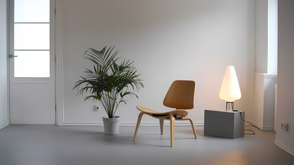 Fototapeta premium Modern minimalist interior featuring a wooden chair, potted plant, and stylish lamp against a light gray wall.