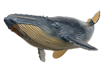 Detailed close-up of a humpback whale swimming, transparent background